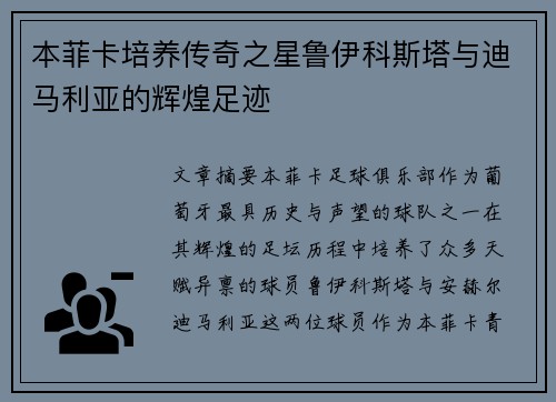 本菲卡培养传奇之星鲁伊科斯塔与迪马利亚的辉煌足迹